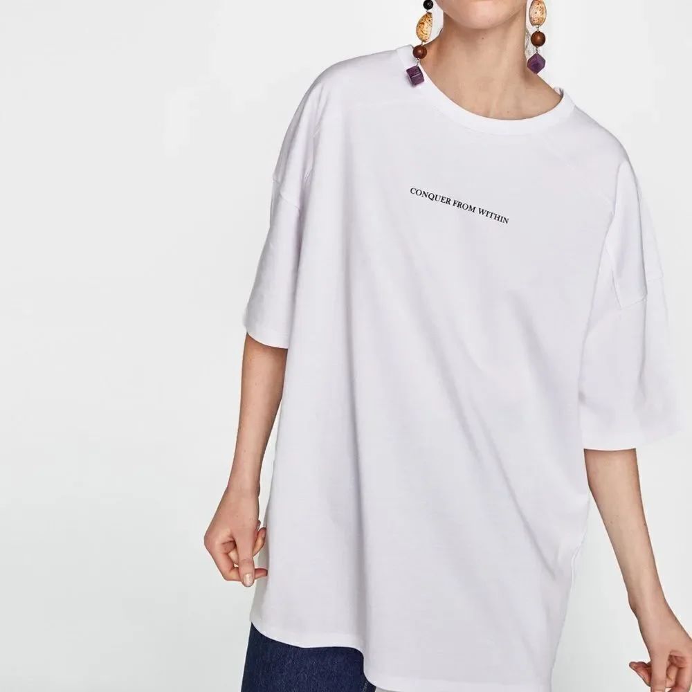 Zara Off-White Crew Neck Cotton T-shirt(Size Small)
